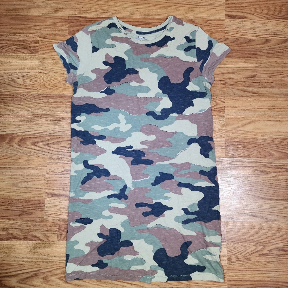 Polo RALPH LAUREN Camo Shirt Dress  Beaded Distressed Embroidered Sz Medium